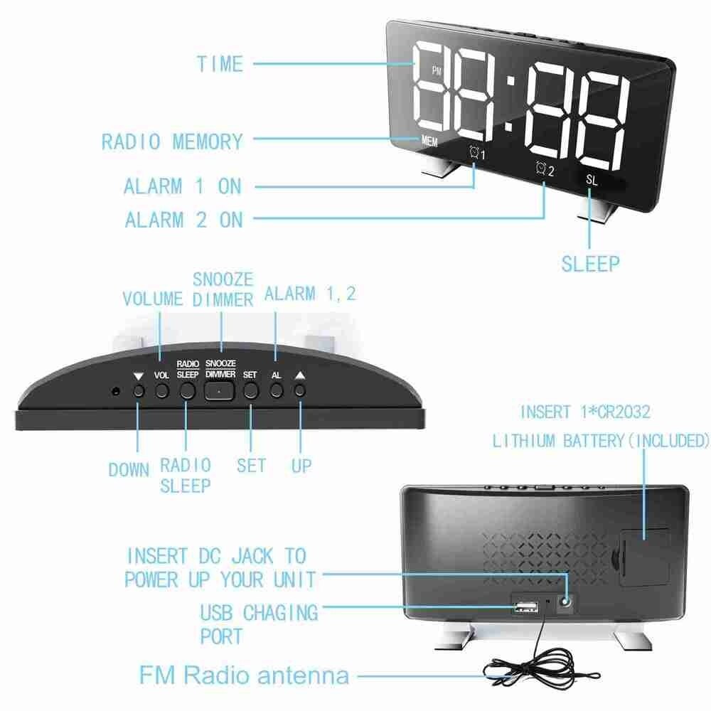 Réveil numérique miroir | Radio Led Fm, fonction de Snooze, grand affichage, éclairage réglable, Table, horloge, horloge de bureau