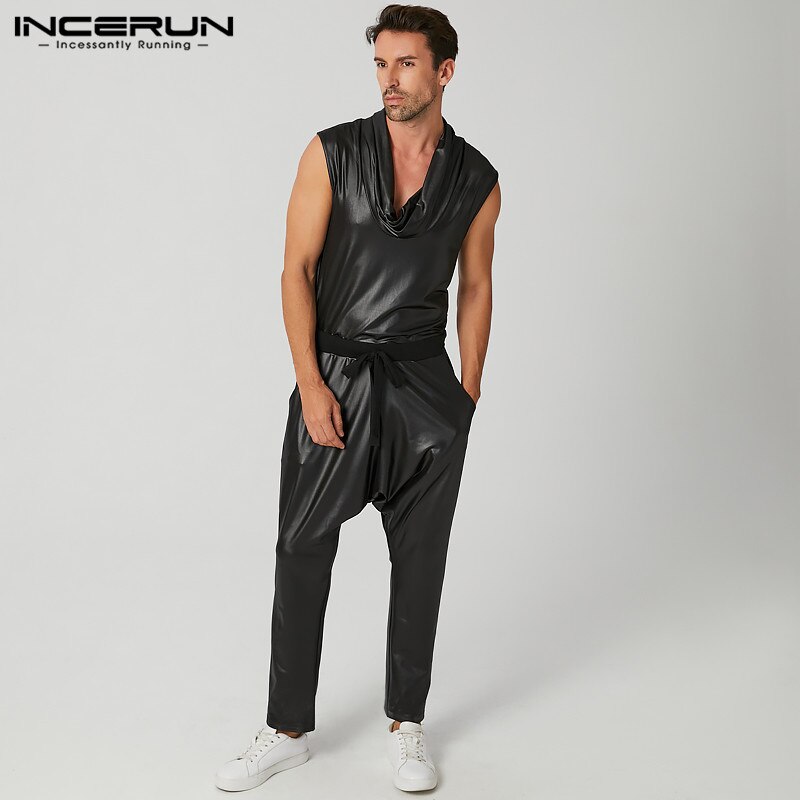 hommes combinaisons Streetwear sans manches col roulé faux cuir salopette pantalon à lacets solide décontracté hommes barboteuses INCERUN