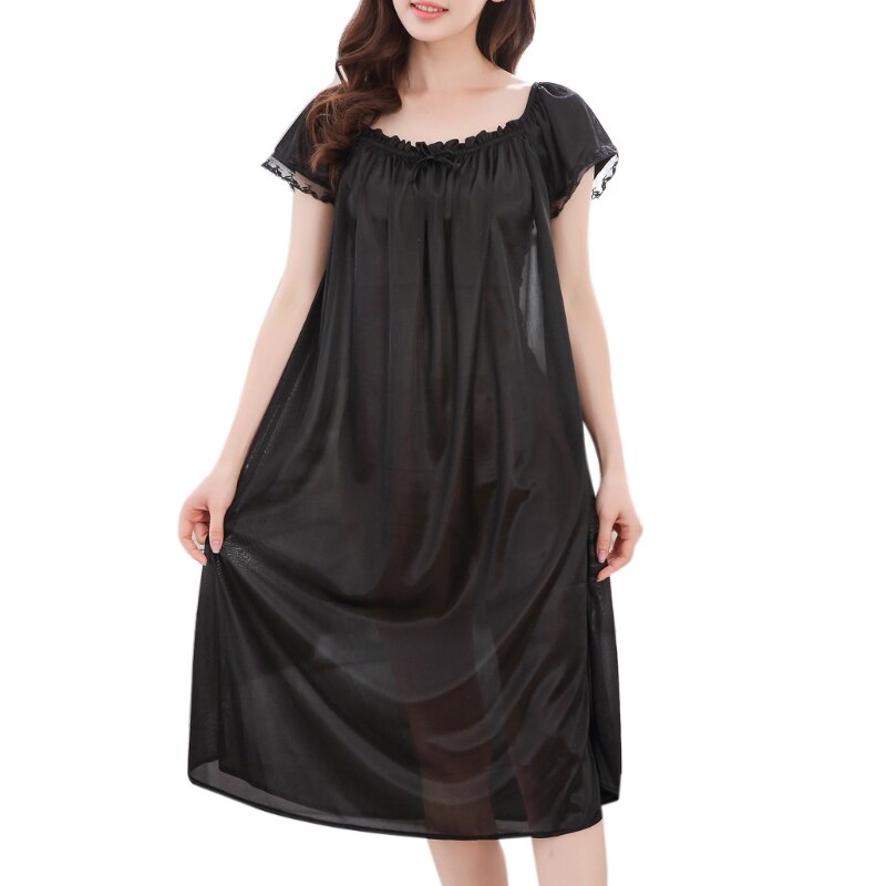 83XC Womens Summer Lace Ice Silk Nightdress Short Sleeve Loose Plus Size Nightgown XL: black