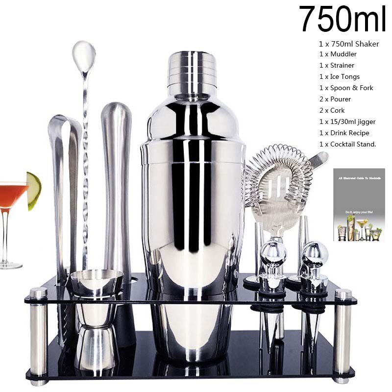 12 teile/satz 750/600ml Cocktail Shaker Set kit Bartender Kit shaker Edelstahl Bar Tool Set Bartending Kit mit Wein Rack: 11Pc750ML ZRack
