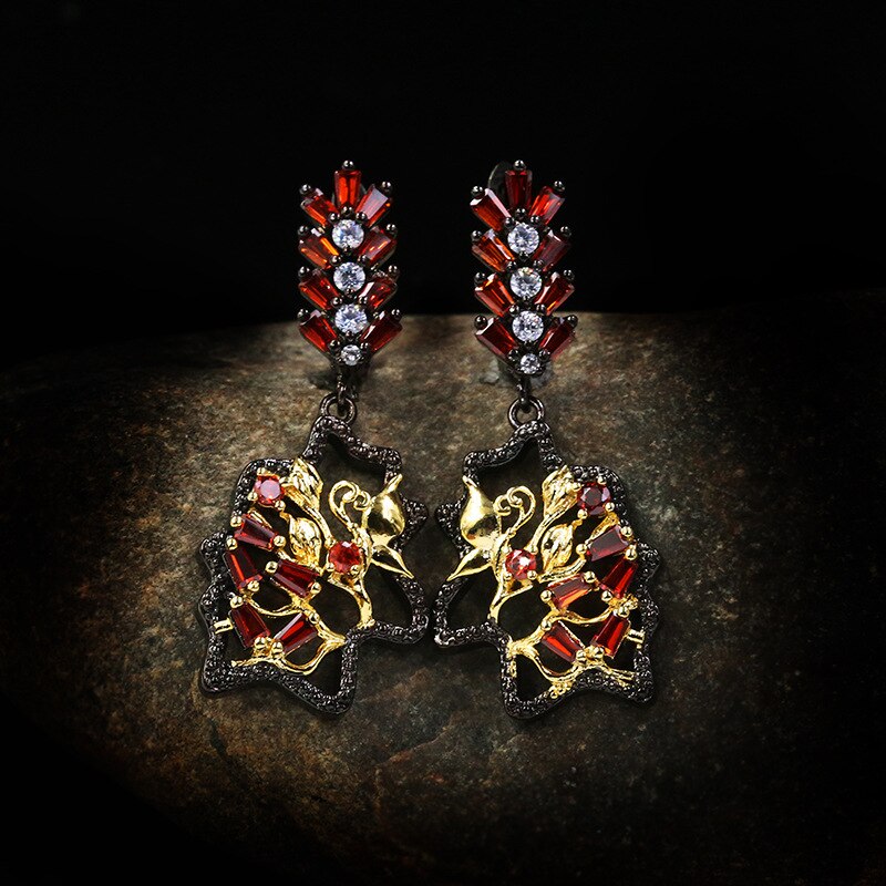 Exquisite Temperament Black Gold Red Hollow Floral Zircon Earrings High-end Light Luxury 925 Silver Jewelry Bridal Earrings