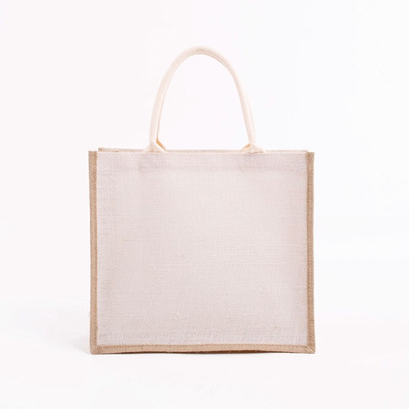 Sac de courses en Jute réutilisable unisexe, sac d'épicerie en toile de Jute grande capacité, sac à main fourre-tout pour plage pique-nique: White Small