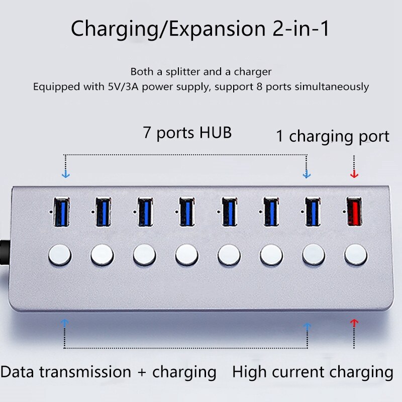 USB 3.0 Hub with Independent Switch Power Supply Port Computer Multi-Interface Four Drag Four Expander