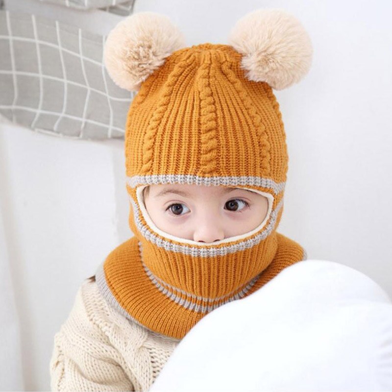 Doitbest 2-6 Y Winter hat for kids beanies two Fur hairball boys Beanie Child knit hats Protect face neck kid girls Earflap Caps: Yellow