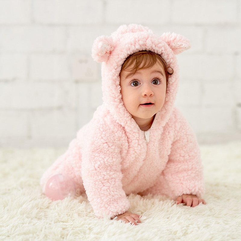 Lamb wool hooded mid-open bodysuit Baby Warm Winter Jumpsuits Overall Romper Kids Boy Girl Climbing Pajamas Clothes Outfits