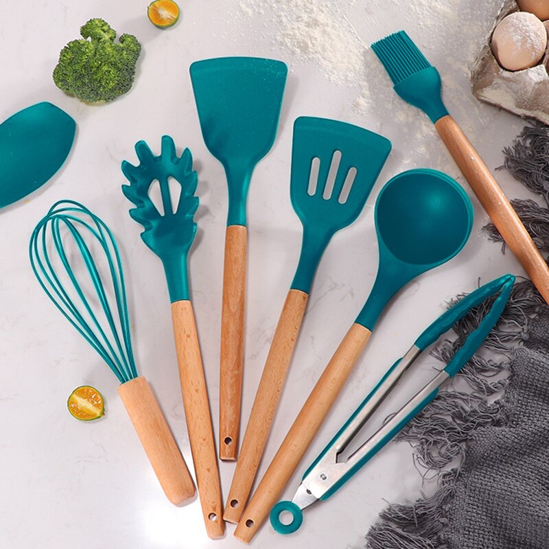 Silicone Kitchenware Cooking Utensils Set Non-stick Cookware Spatula Shovel Egg Beaters Wooden Handle Kitchen Cooking Tool Set
