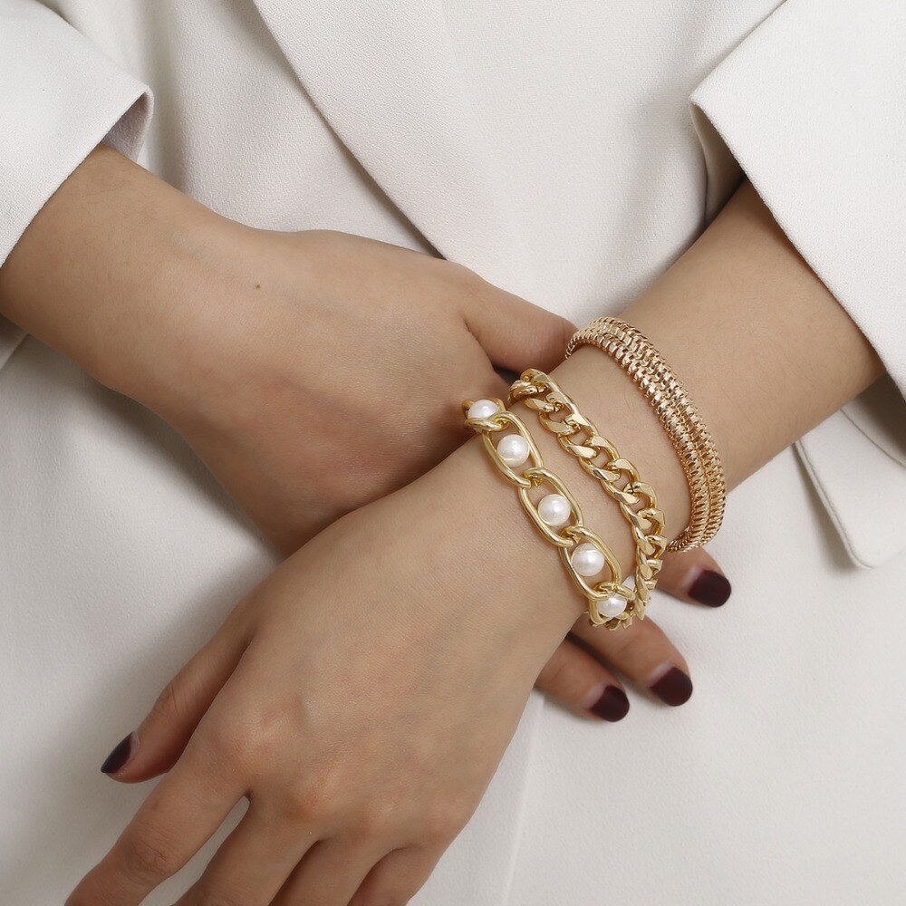 HUANZHI-Conjunto de 3 pulseras de Metal con perlas y cadena gruesa, joyería de , estilo Hip Hop, Punk,