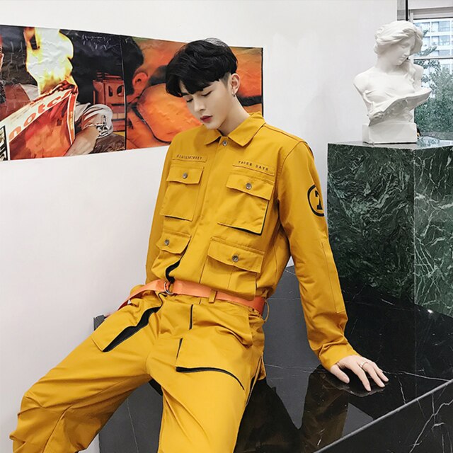 Spring Autumn streetwear Jumpsuit Men Rompers One Piece Overalls Mens Casual Multi Pockets Pants Male Clothes: M / yellow