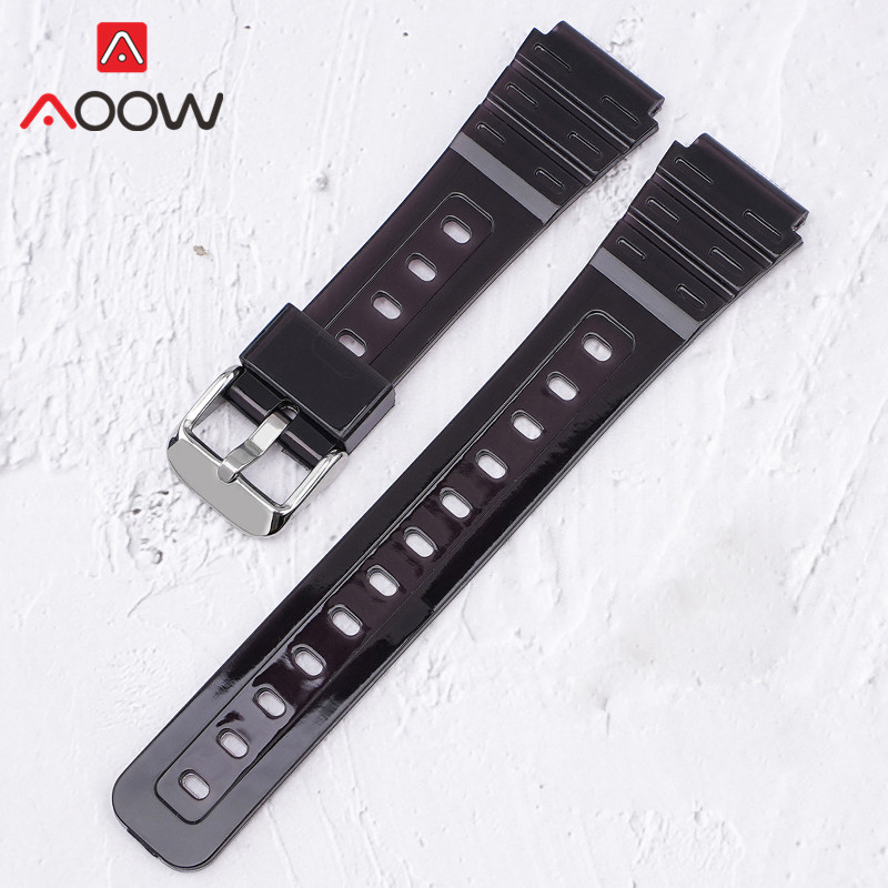 Gummi Sport Gurt für Casio F91W F-84 F-105 108 A158 A168 AE1200 AE1300 Männer Frauen Glänzend Wasserdichte Ersatz Uhr Band: Schwarz Silber-