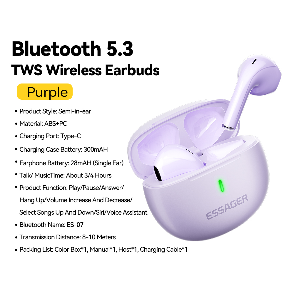 Essager Wireless Bluetooth 5,3 Kopfhörer Tws Ohrhörer Mini Headsets mit Lade koffer Mikrofon Semi-In-Ear-Ohrhörer für alle Telefone: Lila