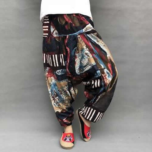 Pantalon femme sarouel Baggy imprimé décontracté Hippie Joggers pantalon croisé pantalon ample Aladdin lanterne jambe large coton lin pantalon Plus: 010