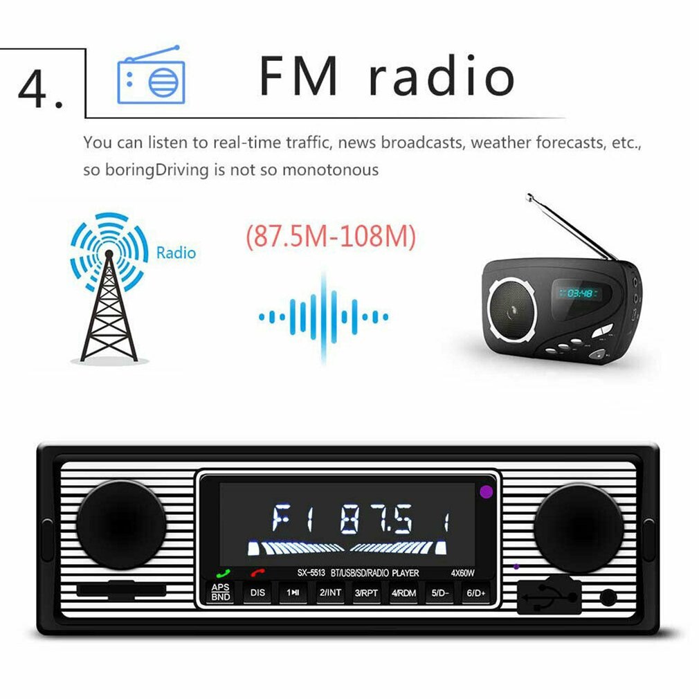 Veteranbil bluetooth fm radio  mp3 spiller stereo usb aux classic car stereo audio oled fargeskjerm bil musikk mediaspiller