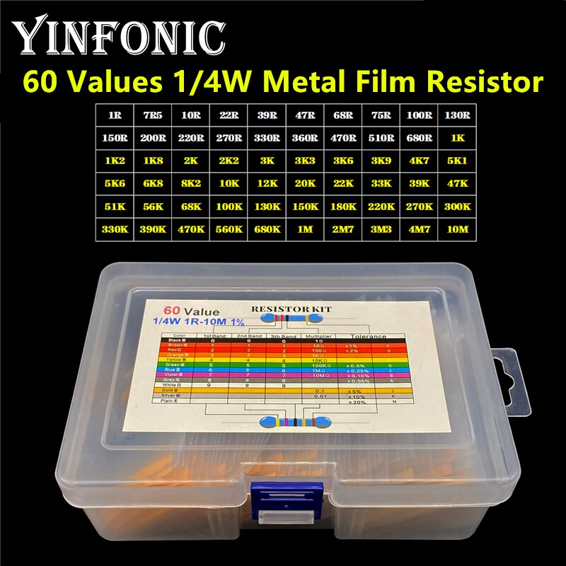 60 Values 1/4W 1% metal film resistors 5-Band-Code 1R-10M each 10 pieces Total 600 pieces Resistor Kit With Box