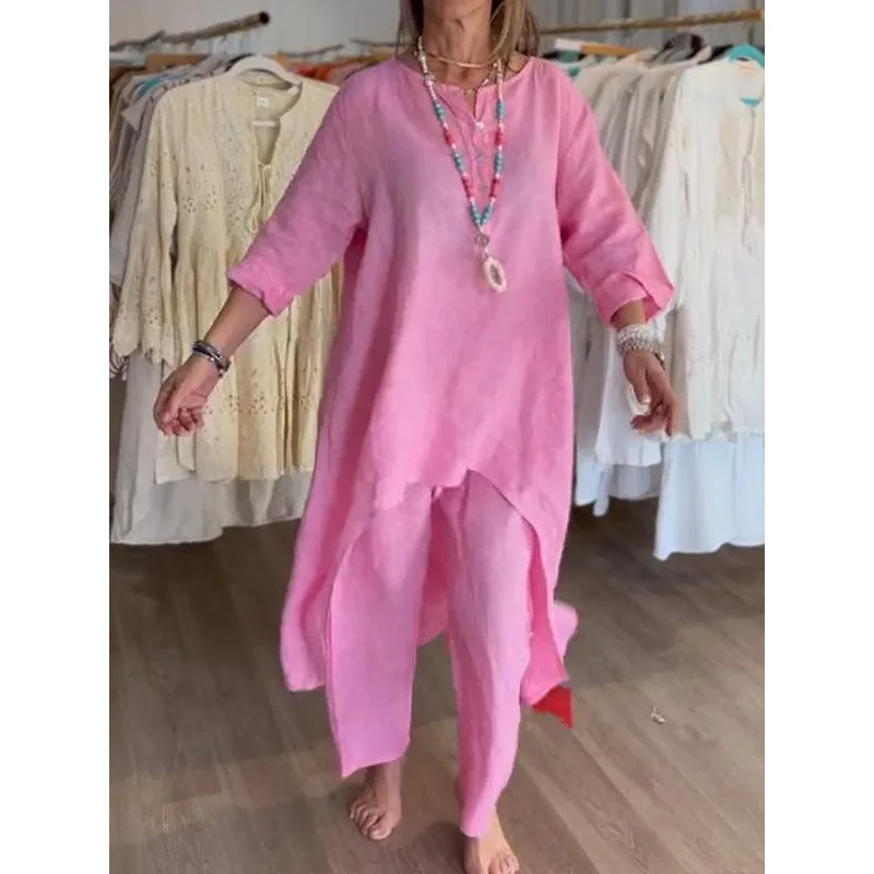 Dameklærsett med s 2 deler, bomull og lin, dress, avslappet, lang skjorte, bluse, topp og vide bukser, ensfarget: S / Rosa