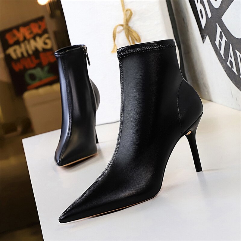 Women 8cm High Heels Boots Black Pointed Toe Leather Thin Low Heels Ankle Boots Sexy Nightclub Party Zip Short Shoe: 5