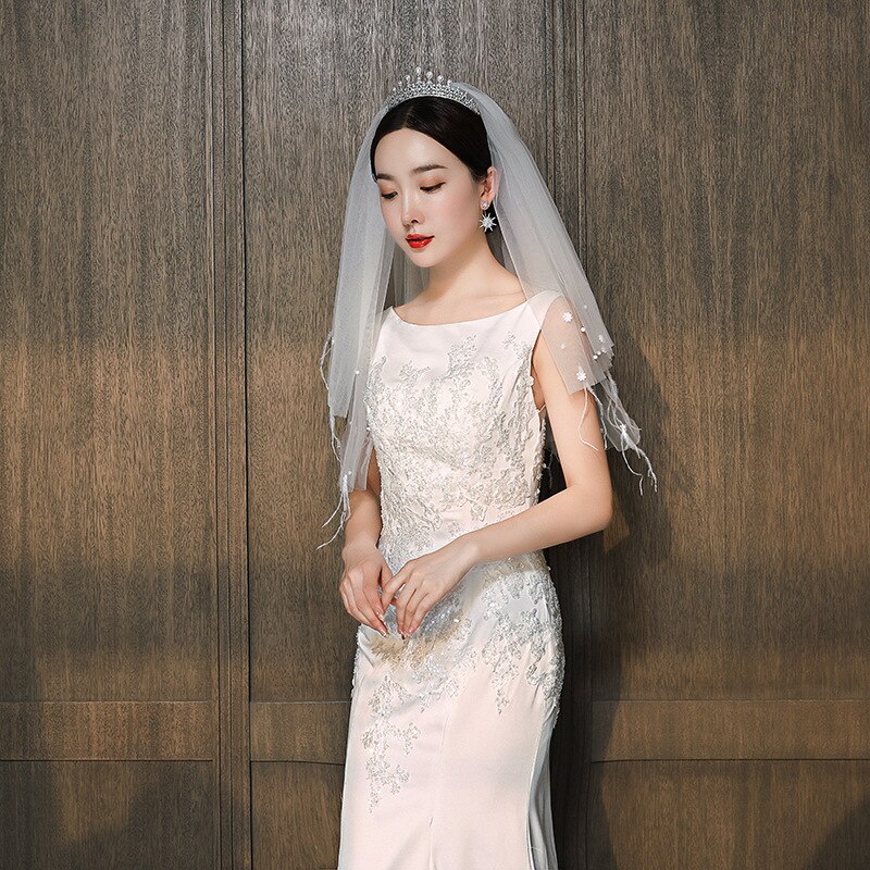 Bridal Veil Wedding Dress Waist Mid-Length Veil Double-Layer Feather Veil G2005