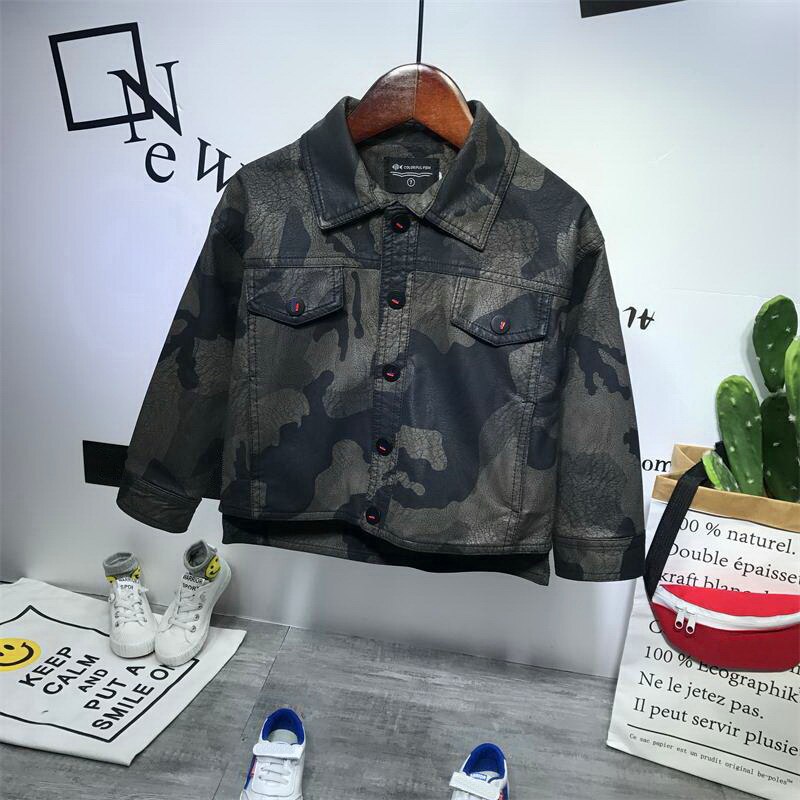 Jongens PU jas Lente Herfst kinderen camouflage lederen 2-6years oude kleur diamond gewatteerde rits jongens jas cool