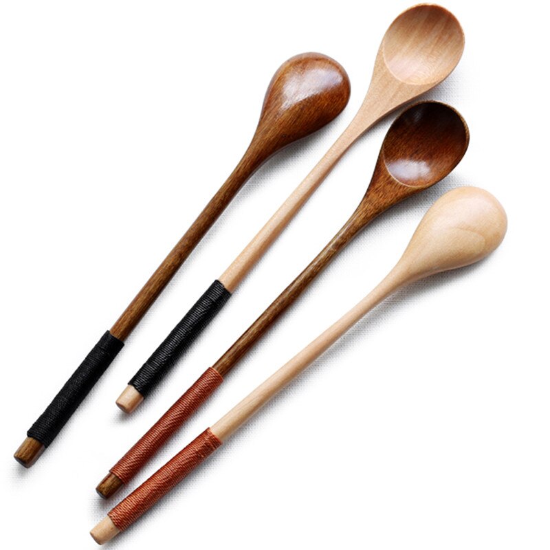 6Pcs/Set Handmade Wooden Long Teaspoons Japanese Style Dessert Spoon Honey Coffee Mixing Spoons Kitchen Tableware