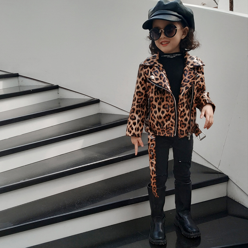 Kurtki skórzane w panterkę dla dzieci i dziewcząt, odzież wierzchnia ze sztucznej skóry dla małych dziewczynek, płaszcze ze sztucznej skóry, ubrania dla dzieci dla 2-6t osób