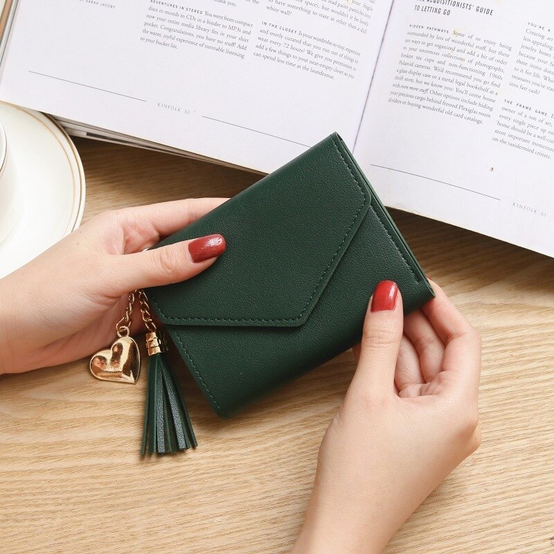 Portefeuille à pompon pour femmes, porte-monnaie tendance, porte-cartes,: Dark Green