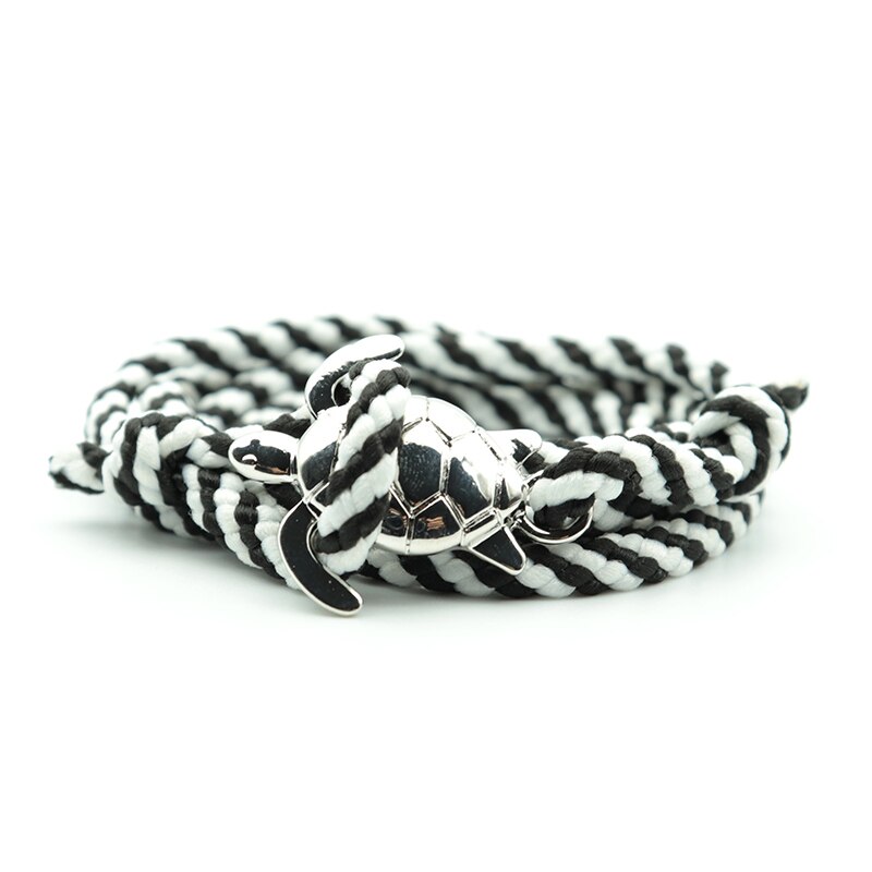 Pulsera de tortuga de mar Paracord hecha a mano para hombre y mujer, brazalete de vikingo con cuerda multicapa, joyería: Black-White-Silver