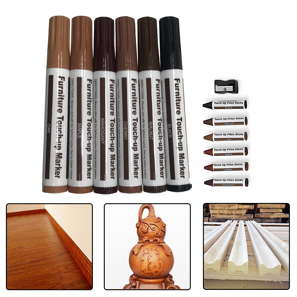 6 Pcs Furniture Touch Up Kit Markers & Filler Sticks Wood Scratches Restore Kit Scratch Patch Paint Pen Wood Composite Repair