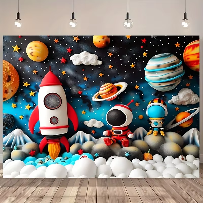 Astronauta dos desenhos animados espaço exterior planeta fundos para fotos crianças festa de aniversário decoração chá de fraldas pano de fundo photobooth adereços