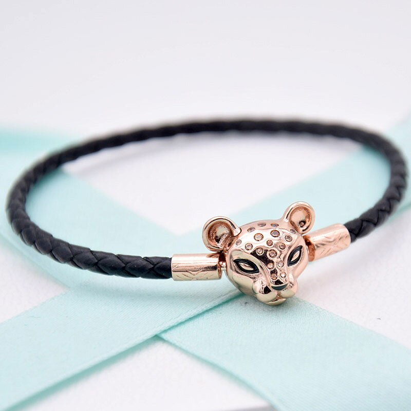 16-44cm 925 Sterling Silver Bracelet Black Leather With Rose Lioness Clasp Bracelets Bangle Fit Bead Charm Fine Diy Jewelry