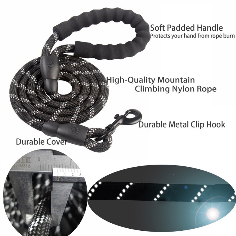 Laisse pour chien en Nylon, corde ronde d'escalade réfléchissante, Durable, 1.5M, petit et moyen gabarit, avec poignée confortable