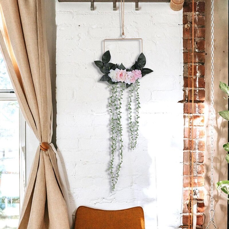 Attrape-rêve carré en métal, anneau en macramé, couronne de fleurs faite à la main pour l&#39;artisanat