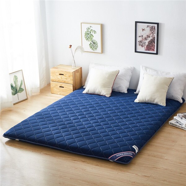 Monteret madras quiltet gulv futon madras blød tyk sammenklappelig madras komfort bærbar camping sovende gæsteseng: 150 x 200cm / Blå farve