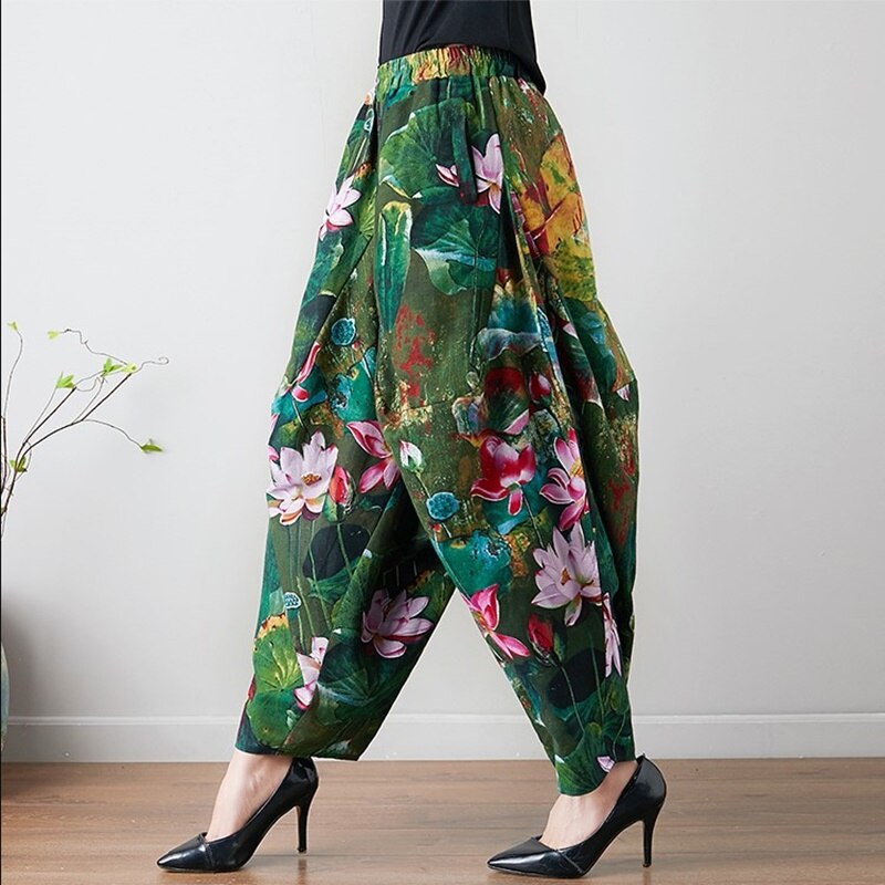 China Style Baggy Harem Pants Women Causal Print Cross-Pants Loose Trousers Lantern Wide Leg Cotton Linen Retro Pants Plus 11435