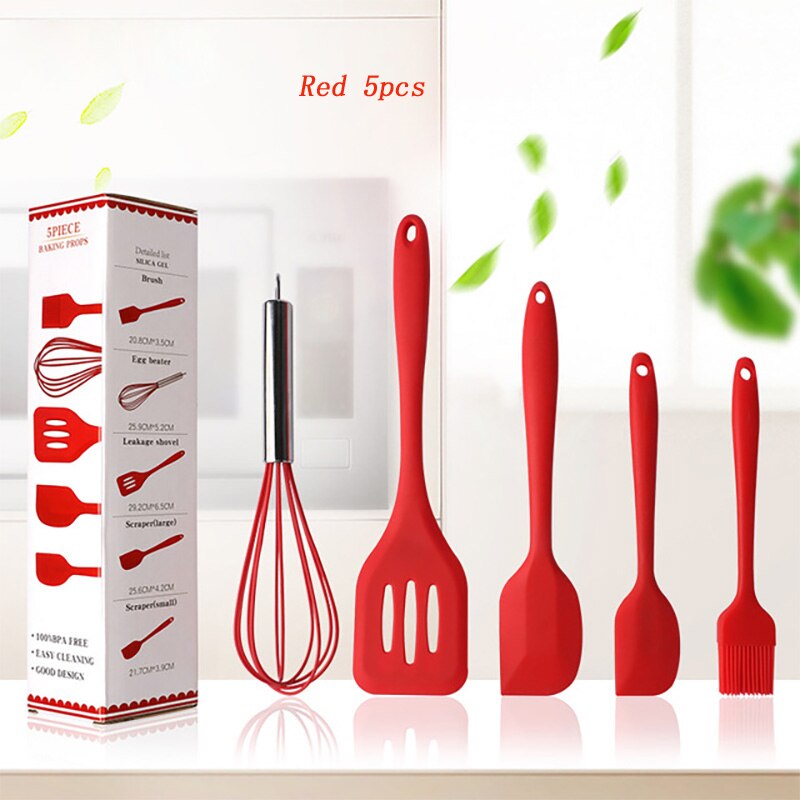 Silicone Kitchen Utensils Set 5/10 Pcs Not-Stick Cooking Tools Spoon Spatula Ladle Egg Beaters Kitchen Accessories Baking Tools: 5pcs  Red