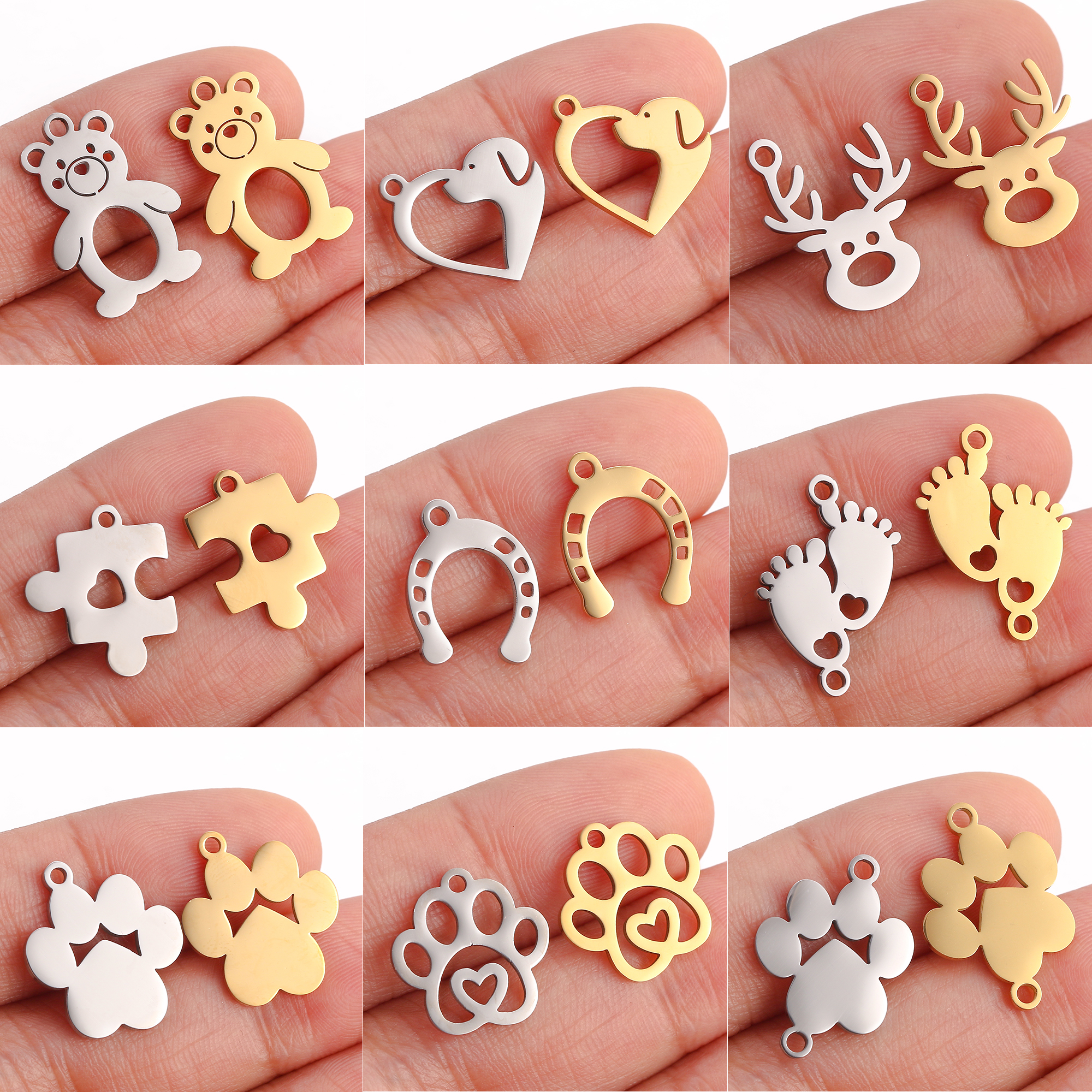 5 unids/lote de dijes con temática de animales, pata de gato/corazón de amor, garra de perro/herradura, colgantes de acero inoxidable, manualidades DIY, suministros para hacer joyas