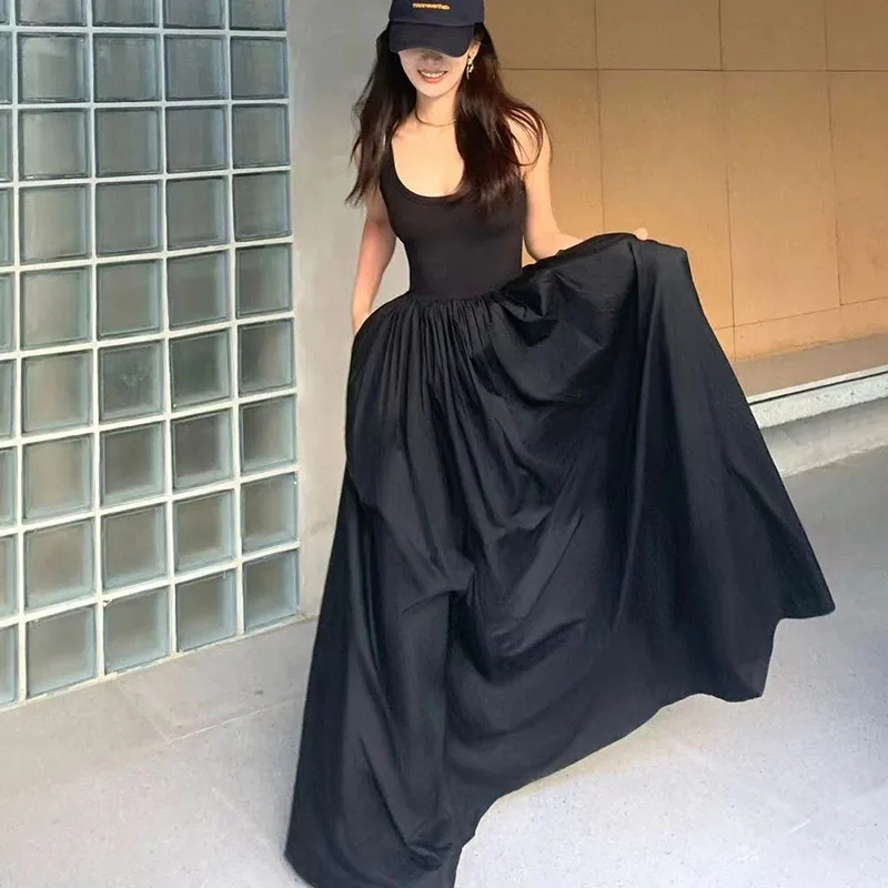 Lucyever Korean Black Maxi Dress Women Summer Sleeveless Spaghetti Strap Dresses Female Patchwork A-Line Dress