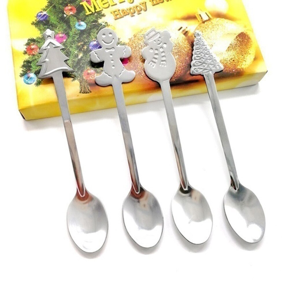 4Pcs Xmas Lepel Cartoon Rvs Leuke Kerst Servies Koffie Lepel Voor Thuis Restaurant