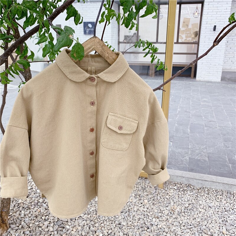 Herfst Meisjes Borduren Leuke Lange Mouwen Dikke Shirts Jongens 2 Kleuren Katoen Casual Shirt Tops: Khaki / 12m