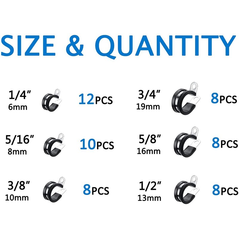 54Pcs Cable Clamps Assortment Kit, Stainless Steel Rubber Cushion Pipe Clamps in 6 Sizes 3/4Inch 5/8 Inch 1/2 Inch ETC