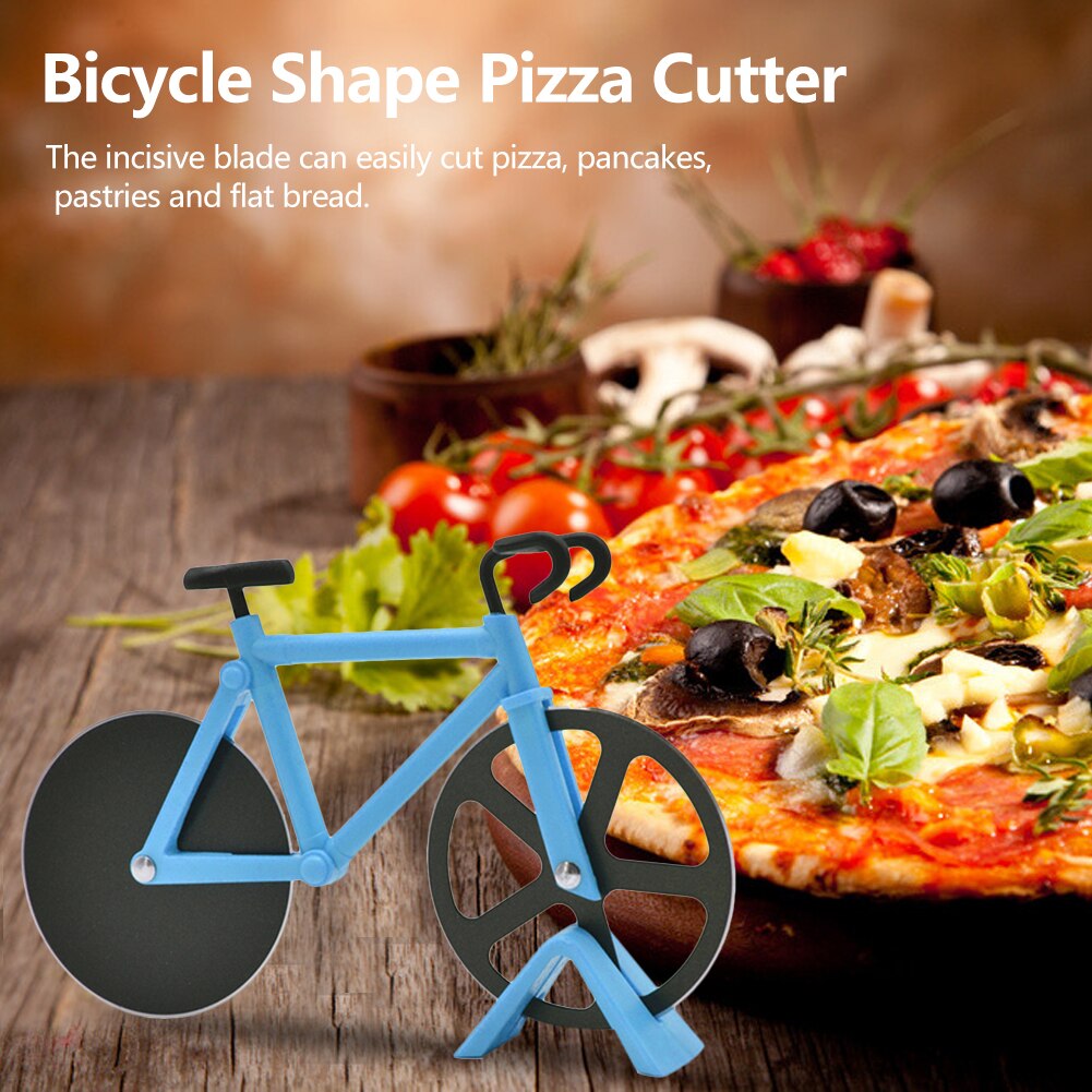 Cortador de Pizza con forma de bicicleta, cuchillo antiadherente de dos ruedas para cortar Pizza con soporte, herramienta de Pizza de acero inoxidable, suministros de cocina