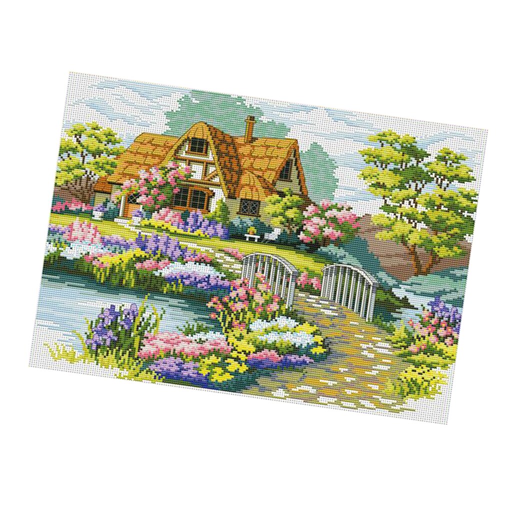 kryss søm stemplet sett hage hytte mønster broderi needlepoint håndverk