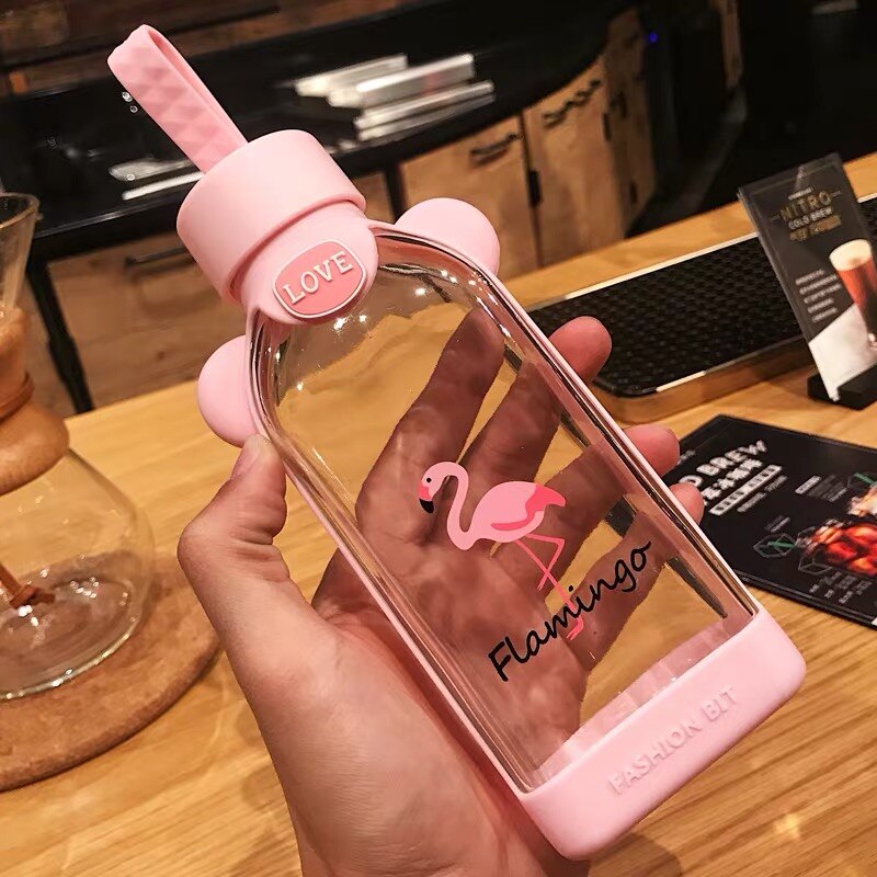 Botella de agua de Flamenco de cristal plano a prueba de fugas, de flores de cerezo, transparente, creativa, bonita, portátil, para estudiantes: Negro