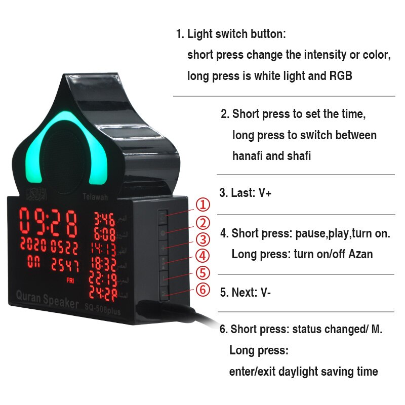 Farbiger, kabelloser, bluetooth-fähiger koran-lautsprecher mit usb-anschluss, fm-radio, einstellbarer kleiner led-lampe und touch-fernbedienung für zuhause