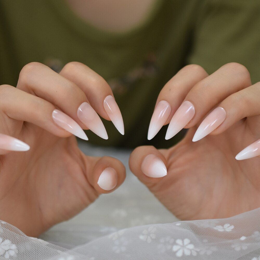 Ekstremt spiss faux ongles hvit ombre naken fransk spiker tips lang stiletto abs gel negler sett 24 ct