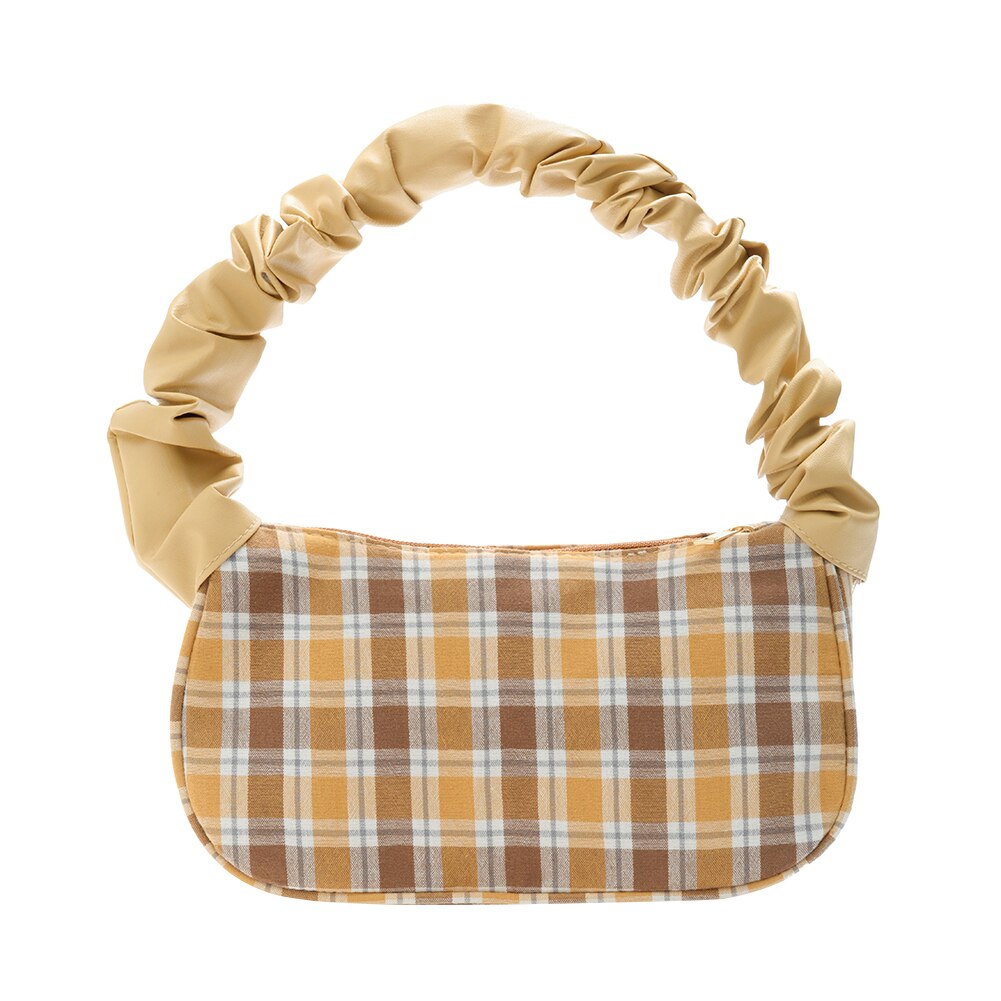 Simple Bear Plaid Printed Pleated Handbags for Women Casual Canvas Armpit Bags Female Small Underarm Shoulder Bags: Yellow Plaid