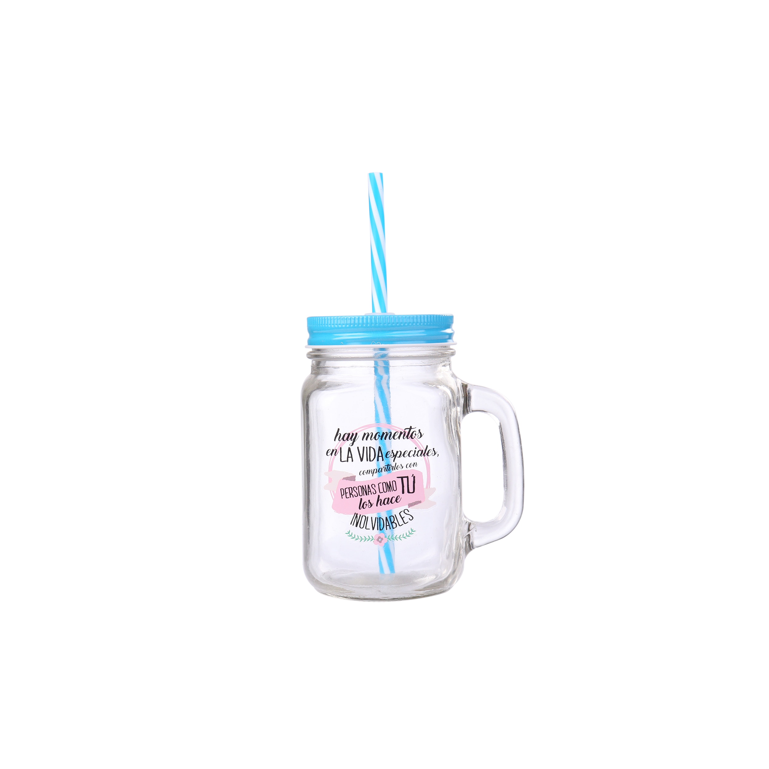 Jarra cristal con caña frases azul- Detalles y para bodas, bautizos, comuniones, cumpleaños y fiestas.