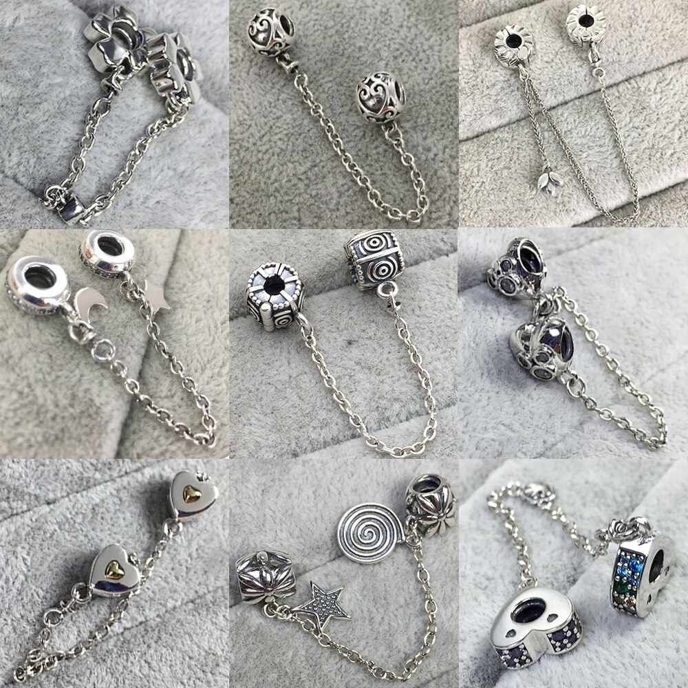 100% 925 Sterling Silver Classic Moon and Stars Ladies Charm Bracelet DIY Accessories Safety Chain