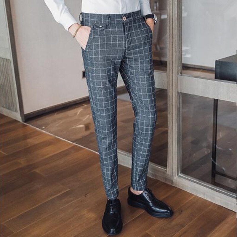 Grijze geruite casual broek heren lente en zomer rechte broek heren slim business casual pak broek heren pantalon