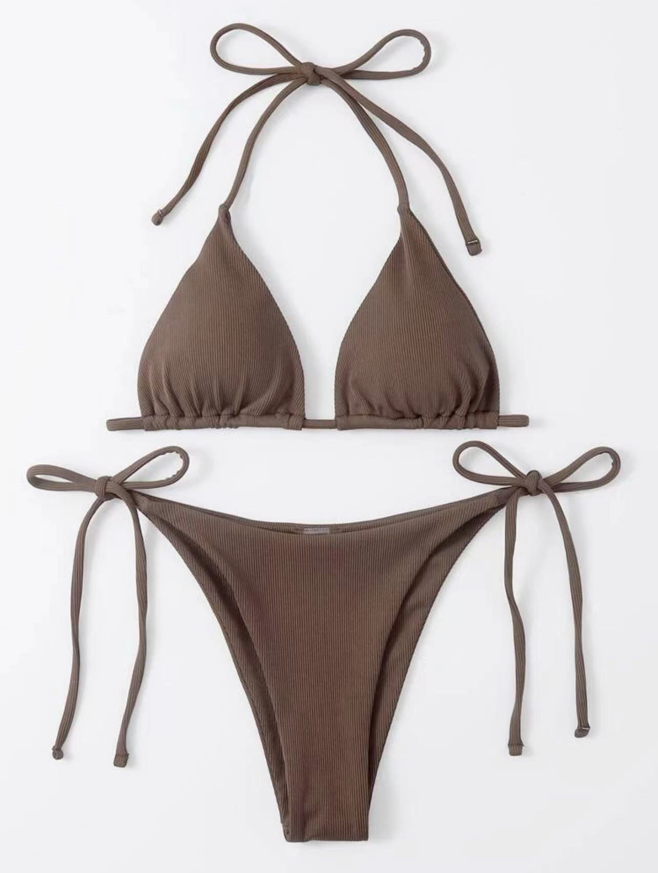 Liten randig ribbad bikiniset för kvinnor sexig enkel enfärgad halterneck baddräkt snörning strandbaddräkt sidobandage string baddräkt: M / Kaffe