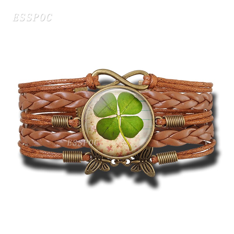 Lucky klavertje Vier Retro Handgemaakte Brons Bruin Armband Punk Glas Cabochon Sieraden Shamrock Houder Bangle Vrouwen