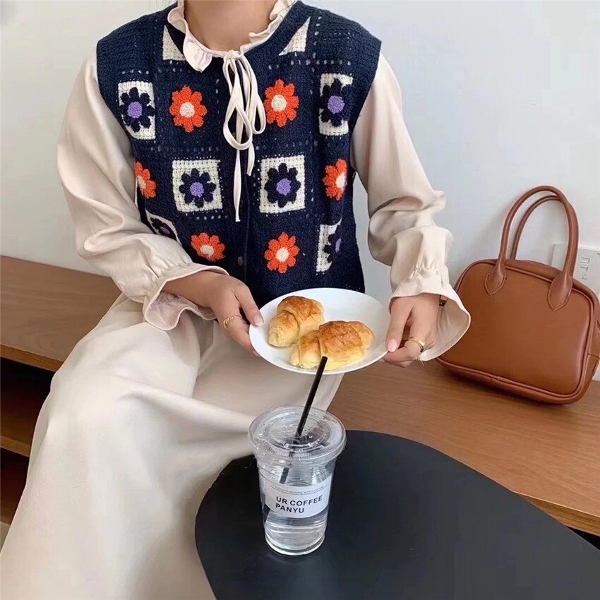 Chaleco de ganchillo Vintage bohemio Para Mujer, chaleco sin mangas con bordado Floral, suéter de punto, Chaleco de punto Para Mujer: navy